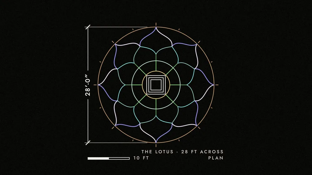 The Lotus plan as drawn in CAD, in the model's colours on ink: eight petals in two rings around the square plinth, 28 feet across.