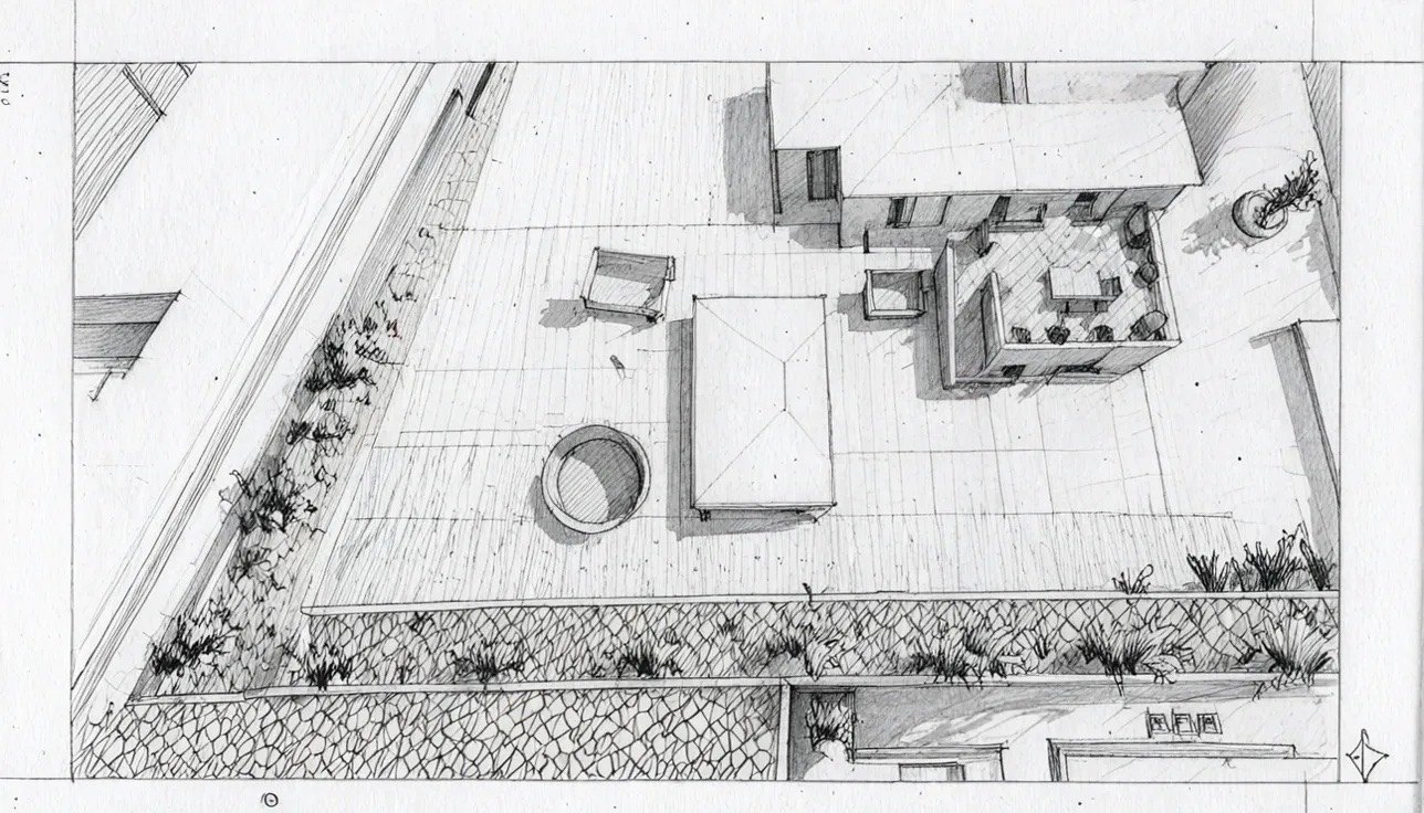 A pencil drawing of a courtyard in perspective: terraces, a basin and the house beyond.