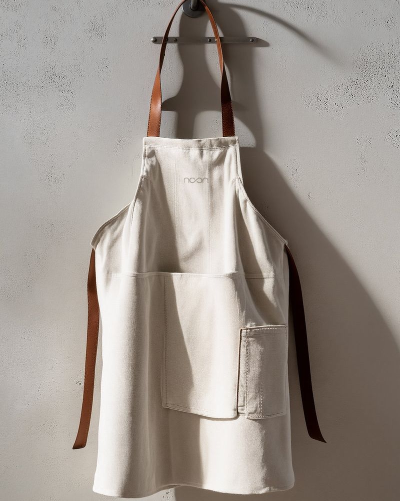 An undyed canvas apron with leather straps
