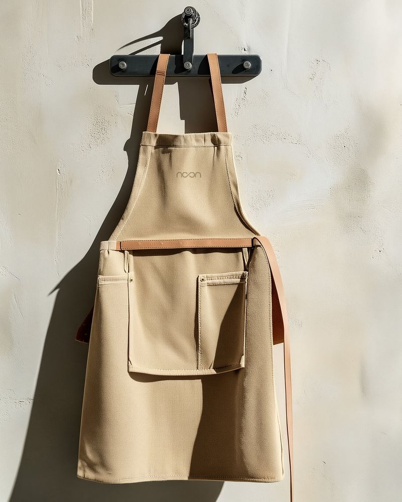 A sand canvas apron with leather straps