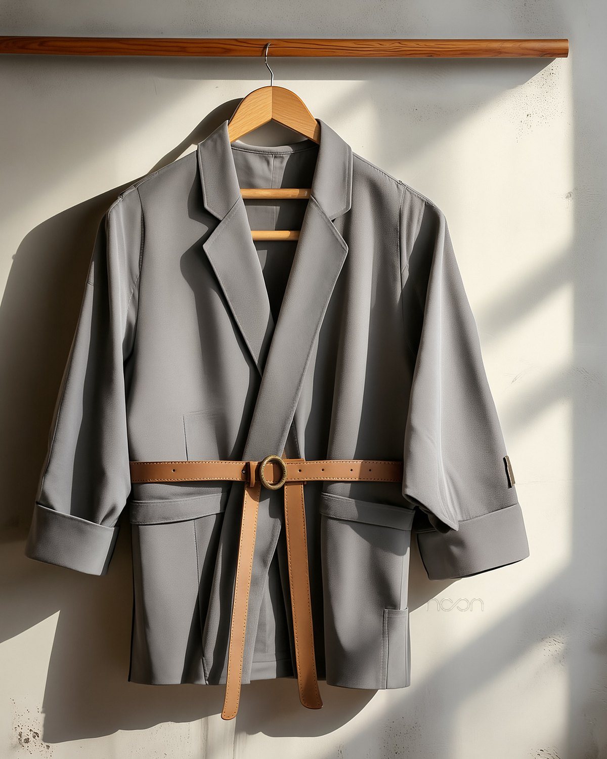 A grey field jacket with a wrap front, closed by a tan leather belt with a brass ring