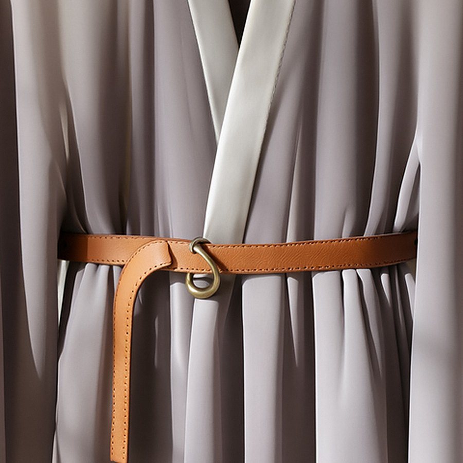 The belt of the kimono close up: tan leather through a brass ring