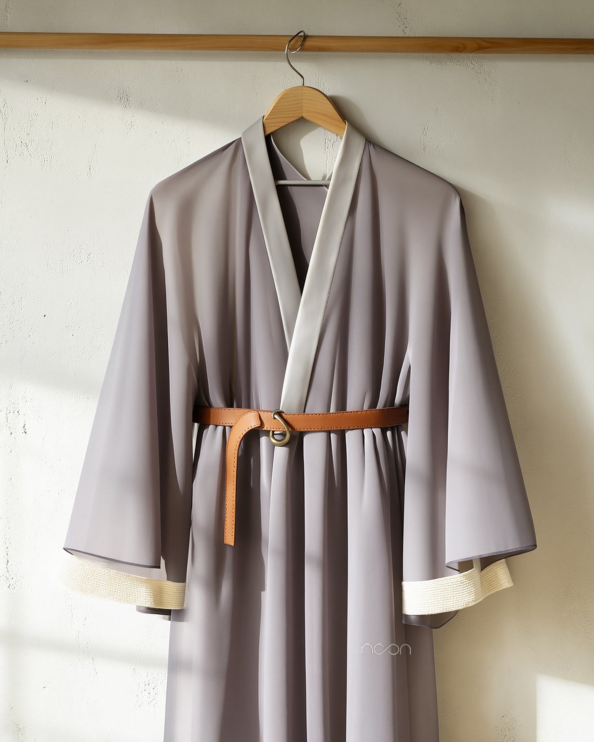 A light grey kimono robe on a hanger, a limestone band at the end of each sleeve, closed with a tan leather belt and a brass ring