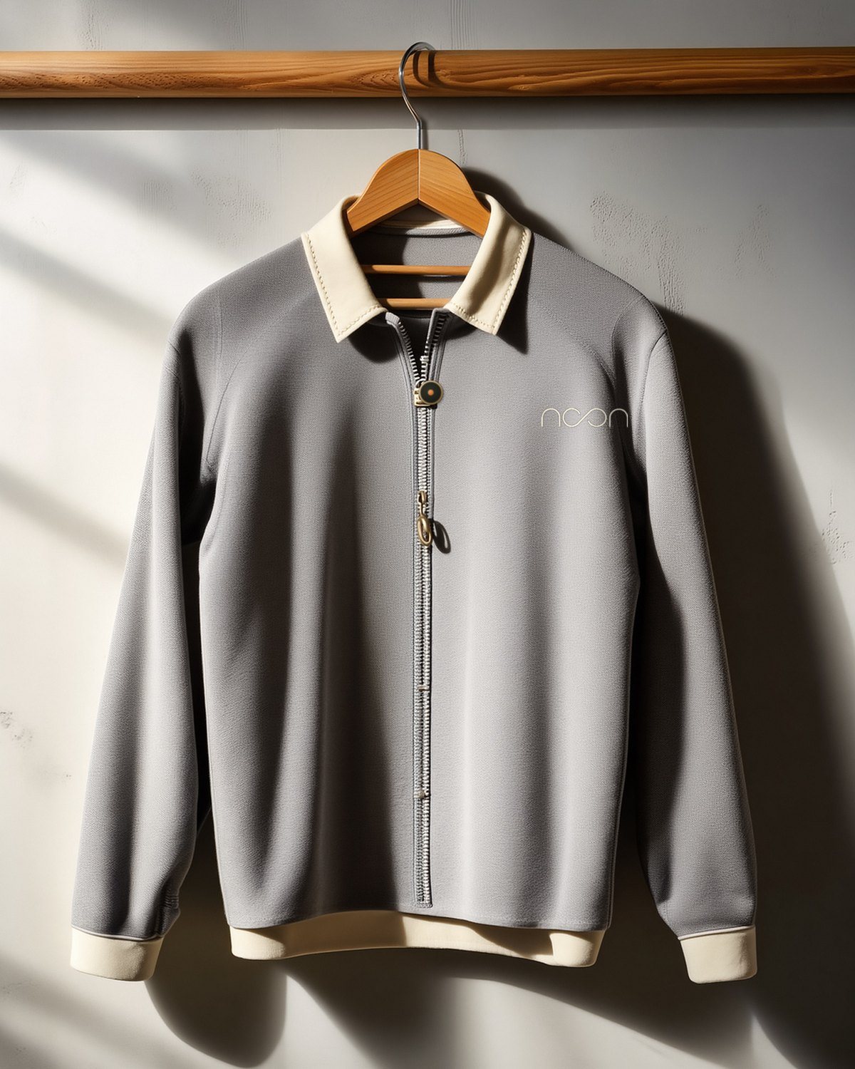 A grey riding shirt with a limestone collar on a hanger