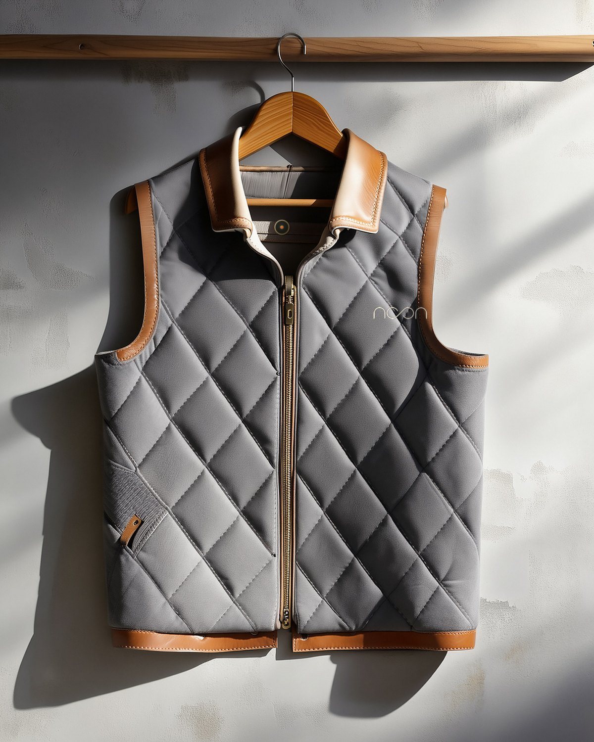 A diamond-quilted grey riding vest with a stand collar, a brass zip and tan leather trim