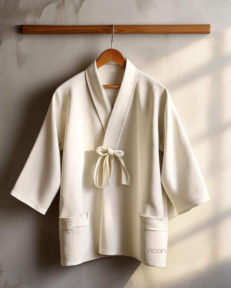 A field jacket in the kimono cut, undyed, tied at the front