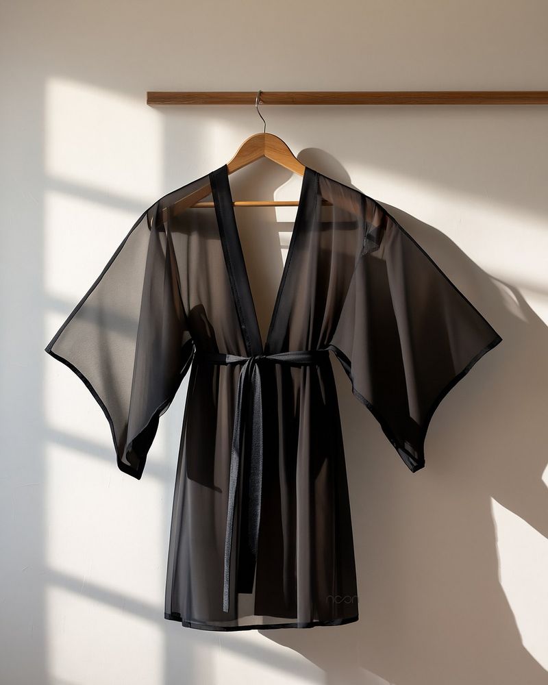 A short sheer black kimono robe tied at the waist