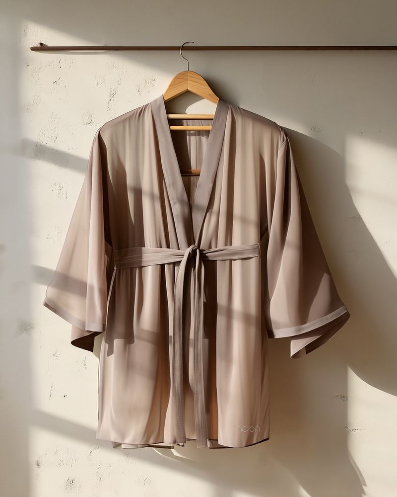 A sheer kimono robe in taupe