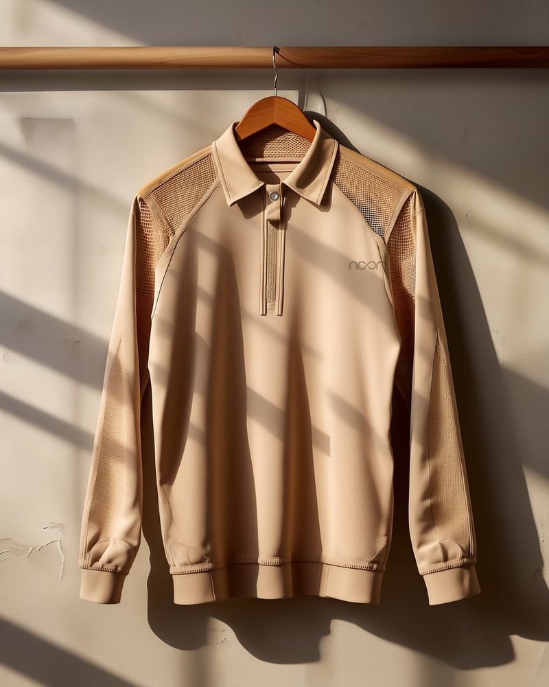 The riding shirt in sand with mesh at the shoulders
