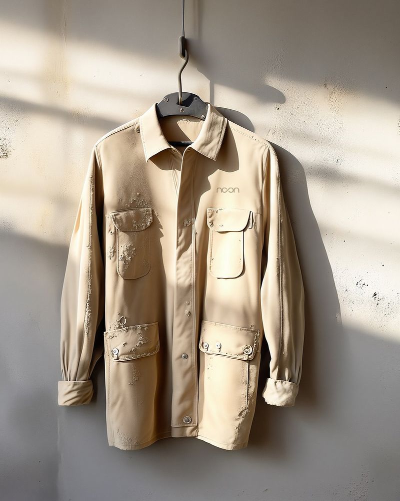 A sand work jacket marked with dried concrete