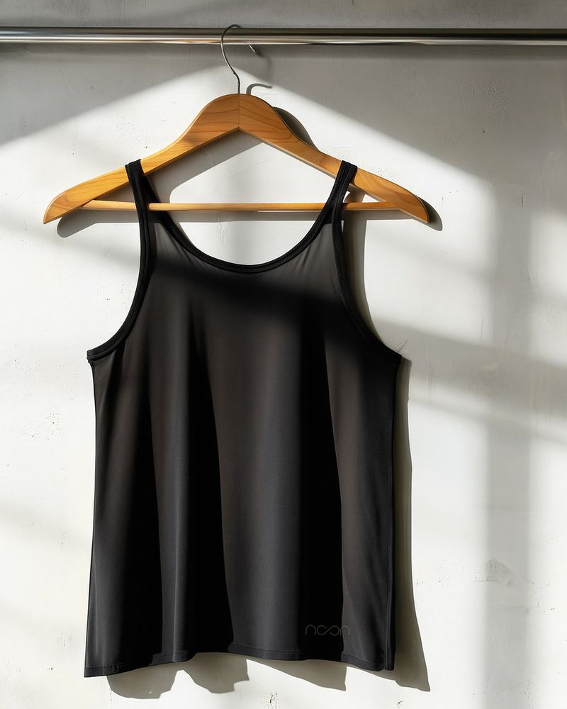 A thin black tank, the word small at the hem