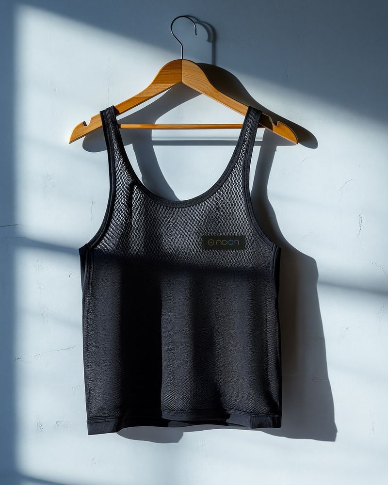An open-mesh tank in charcoal with a dark label