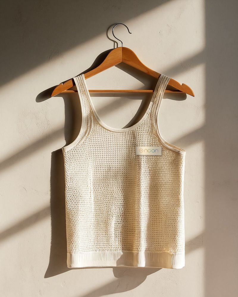 An open-mesh tank in ivory with a small label