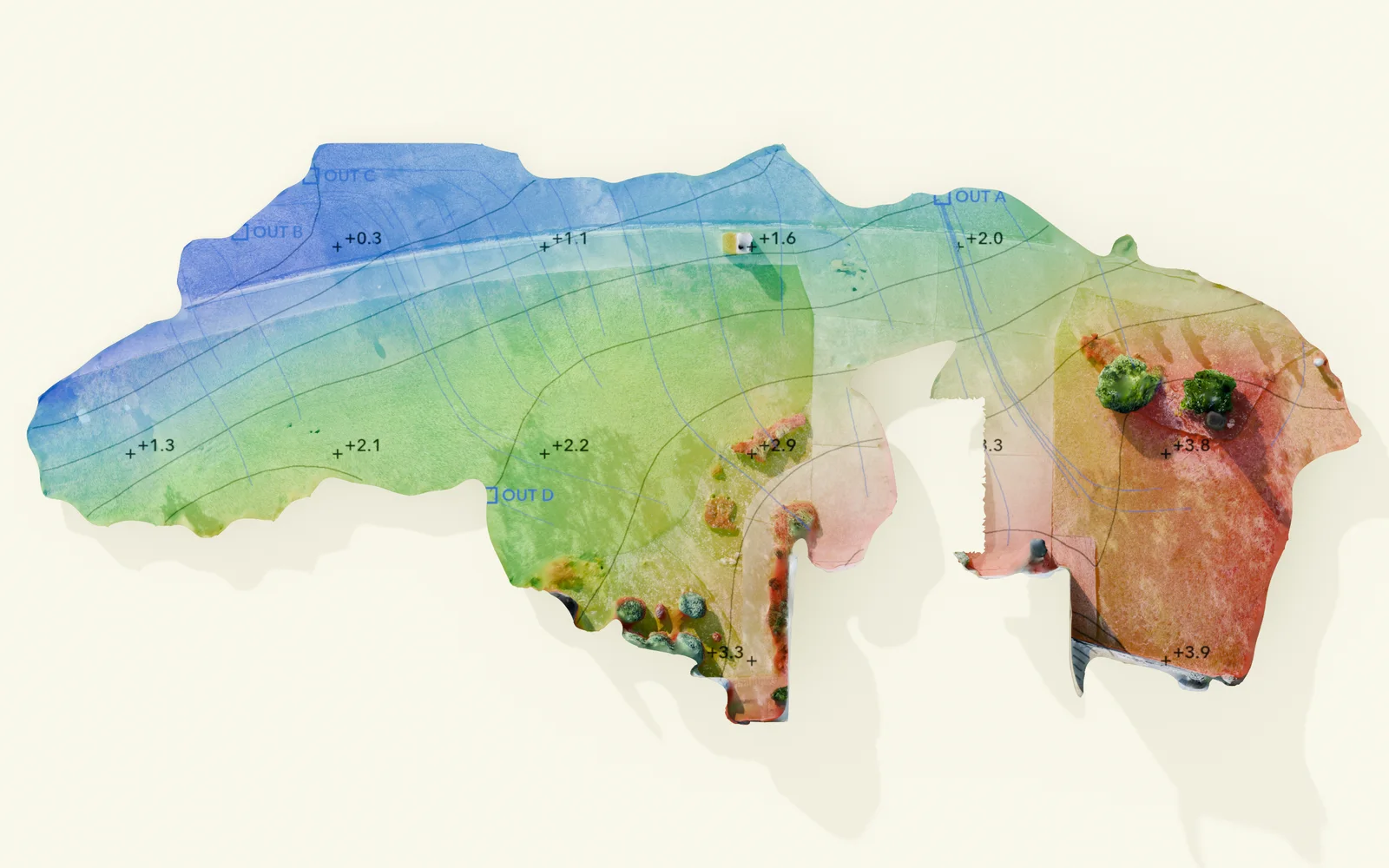 Read: The height in colour, contours every six inches, spot heights, where the water leaves.