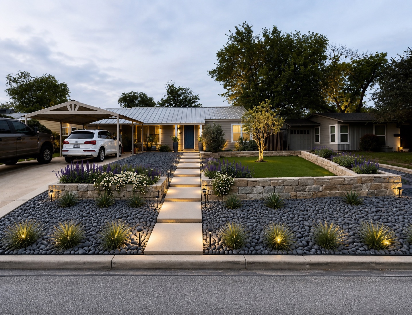 Front yard landscape at dusk