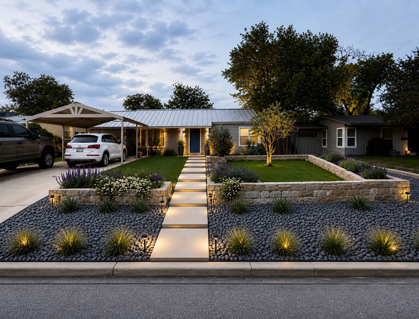 A finished Hill Country front-yard landscape designed and built by Noon
