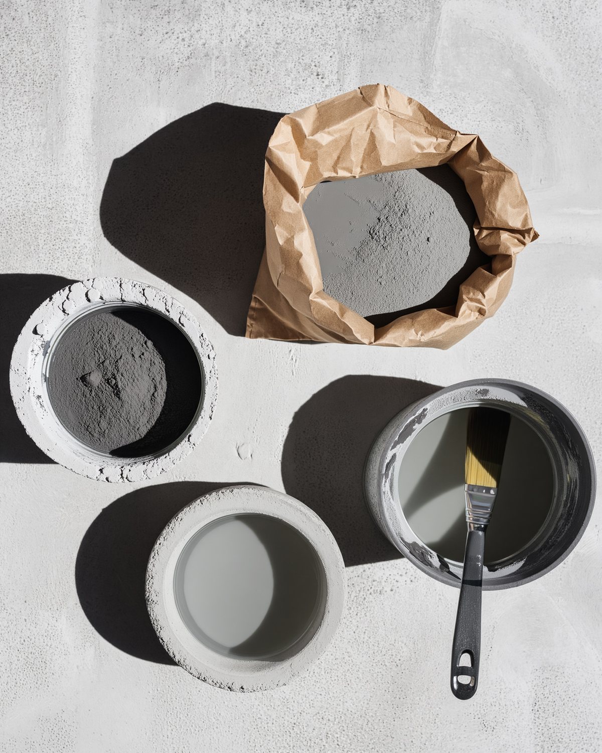 The basin kit laid out on a bench: crystalline waterproofer, silica fume, fish-safe coating