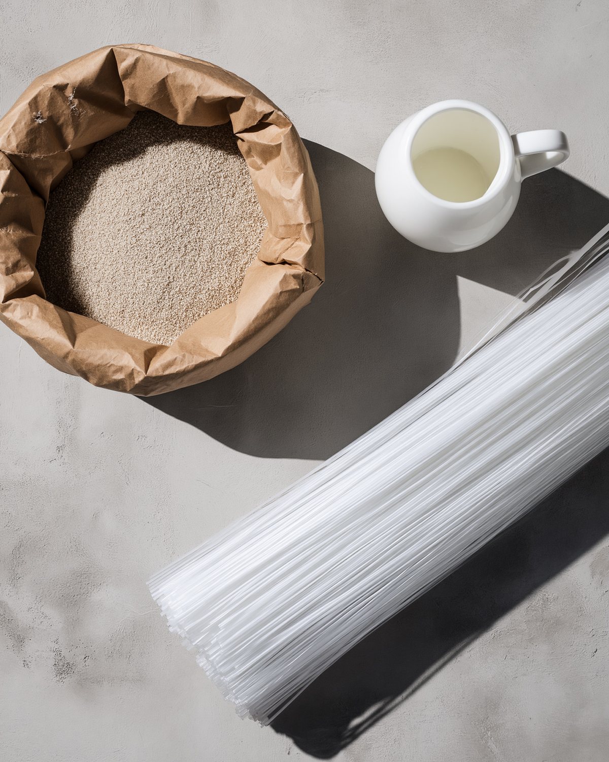 The light bowl kit laid out on a bench: ar glass fibre, acrylic polymer, silica sand, white portland cement