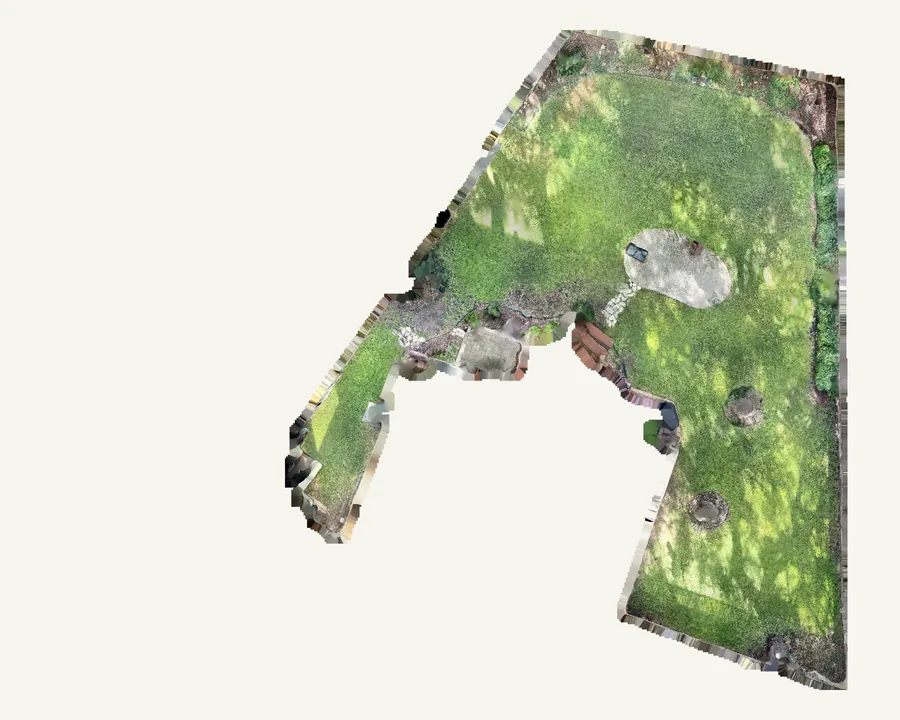 A backyard read from one LiDAR scan, shown as layers in turn: the scan, the tree stands, the ground's height, contours, spot heights, the way water runs, slope, and the design map drawn on the scan.