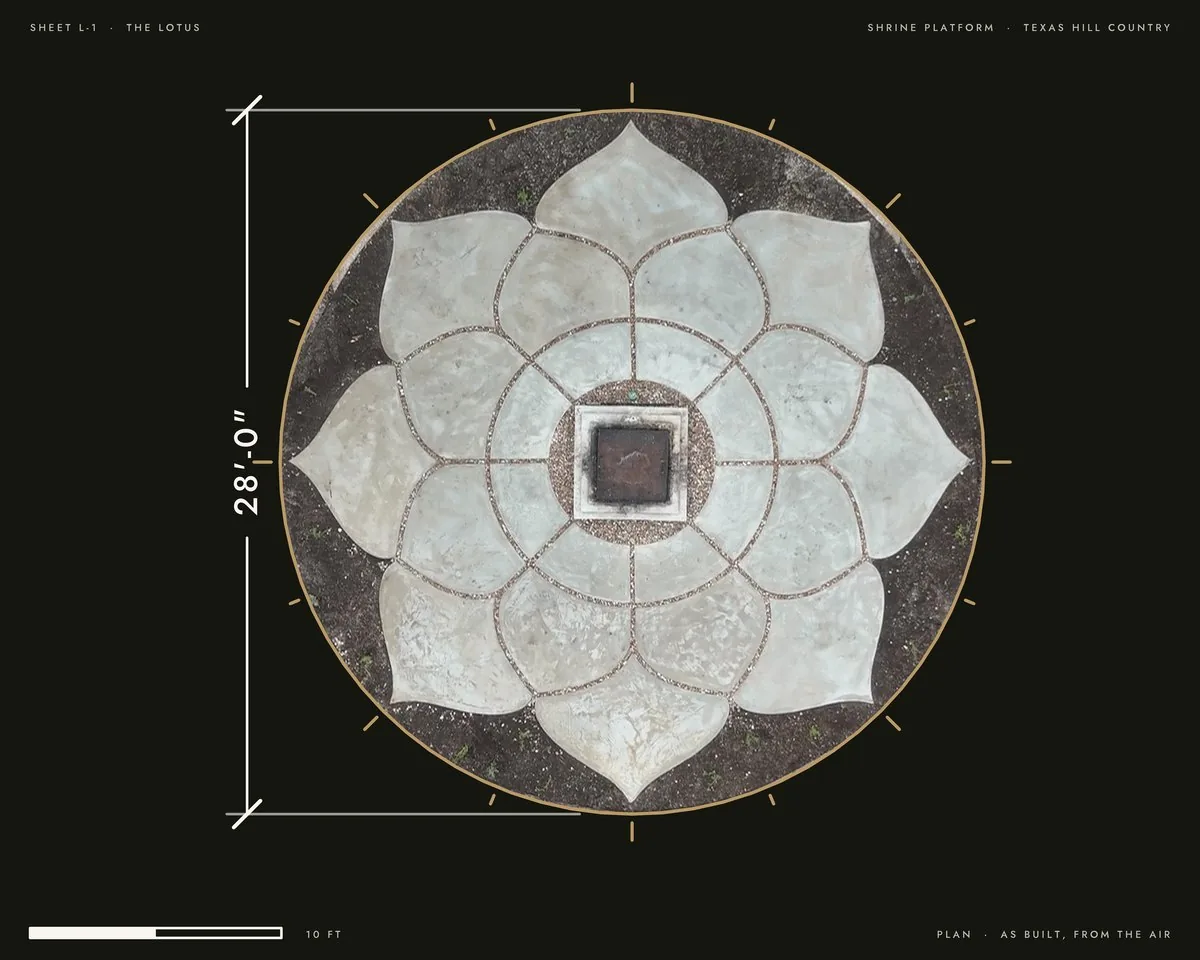 The Lotus: the CAD plan in its own colours on one side of a travelling seam, the poured slab seen from the air on the other, the drawn joints meeting the poured ones at the seam.