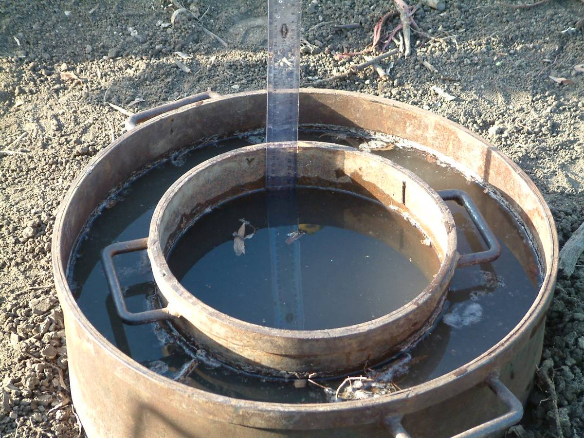 Double-ring infiltration test with water standing in both rings.