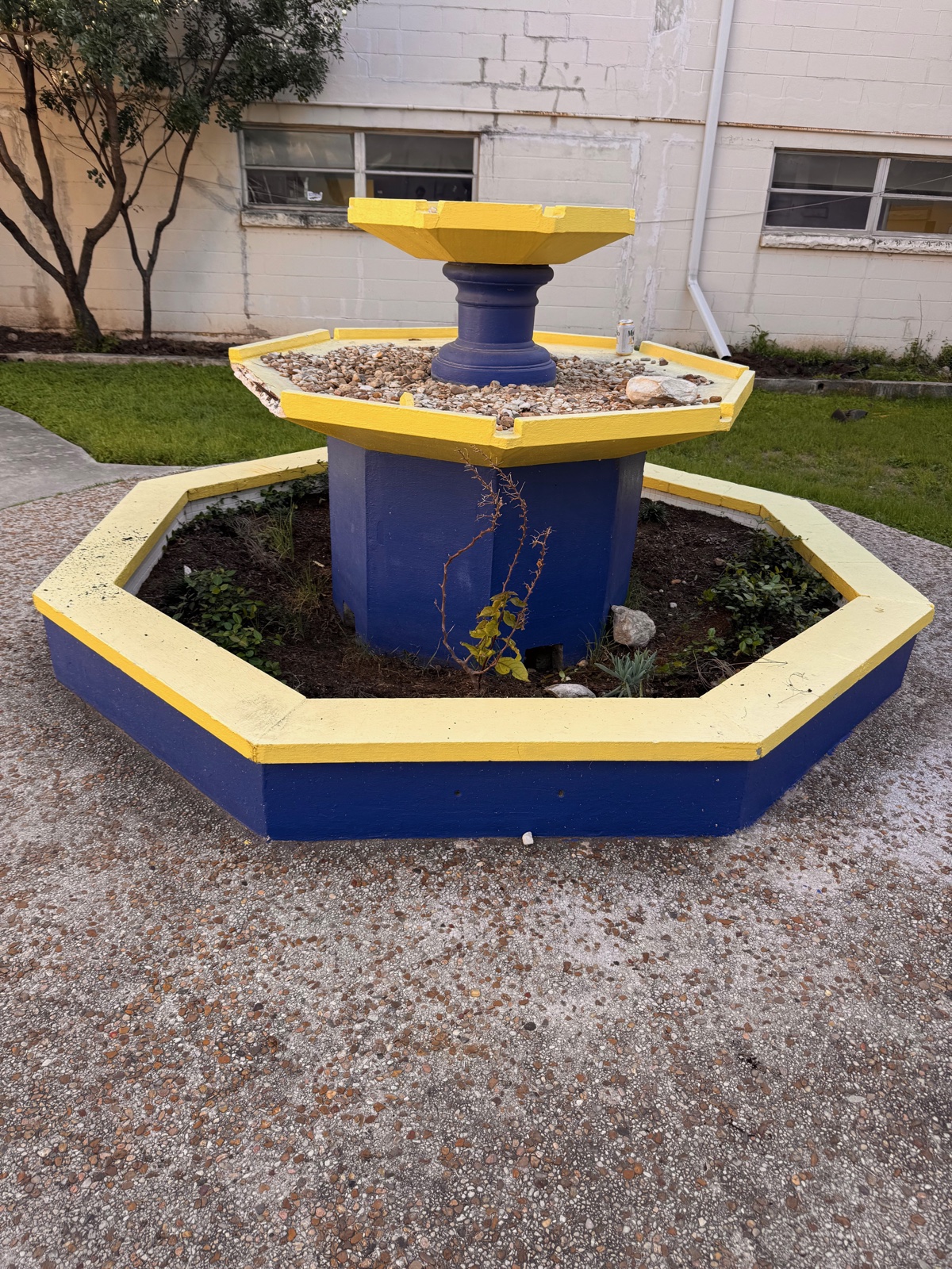 The neglected octagonal courtyard fountain, basin empty and full of weeds.