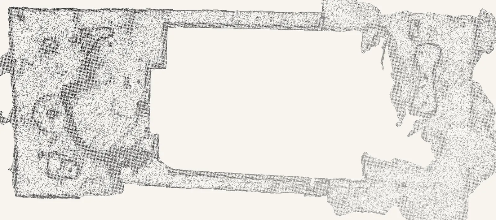 The property as a LiDAR point cloud: the residence, the beds, the paths and the fire circle picked out in measured returns.