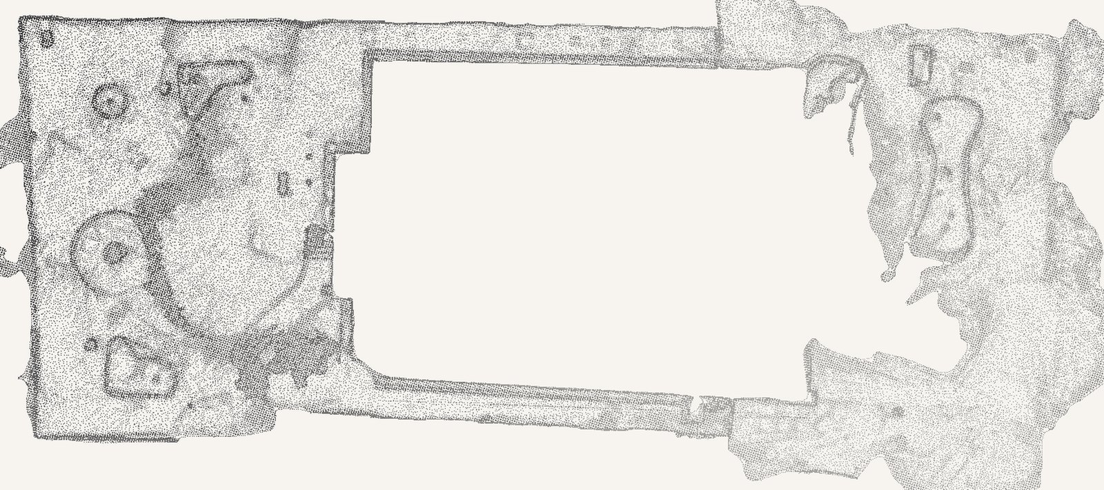 The property as a LiDAR point cloud: the residence, the beds, the paths and the fire circle picked out in measured returns.