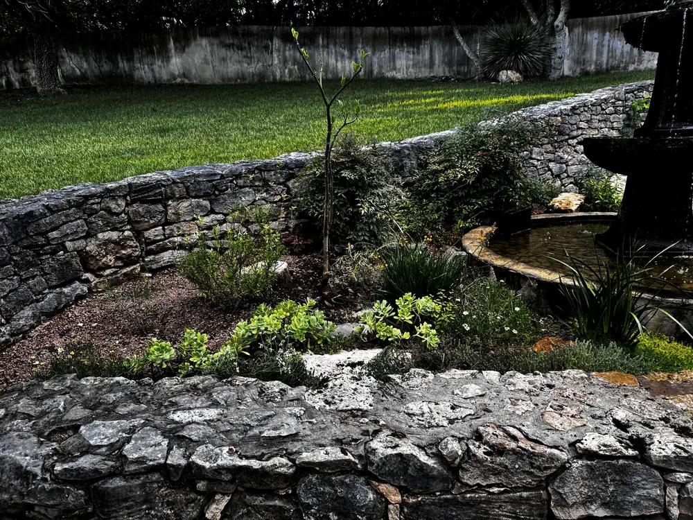 Stone-edged terraces planted with natives.
