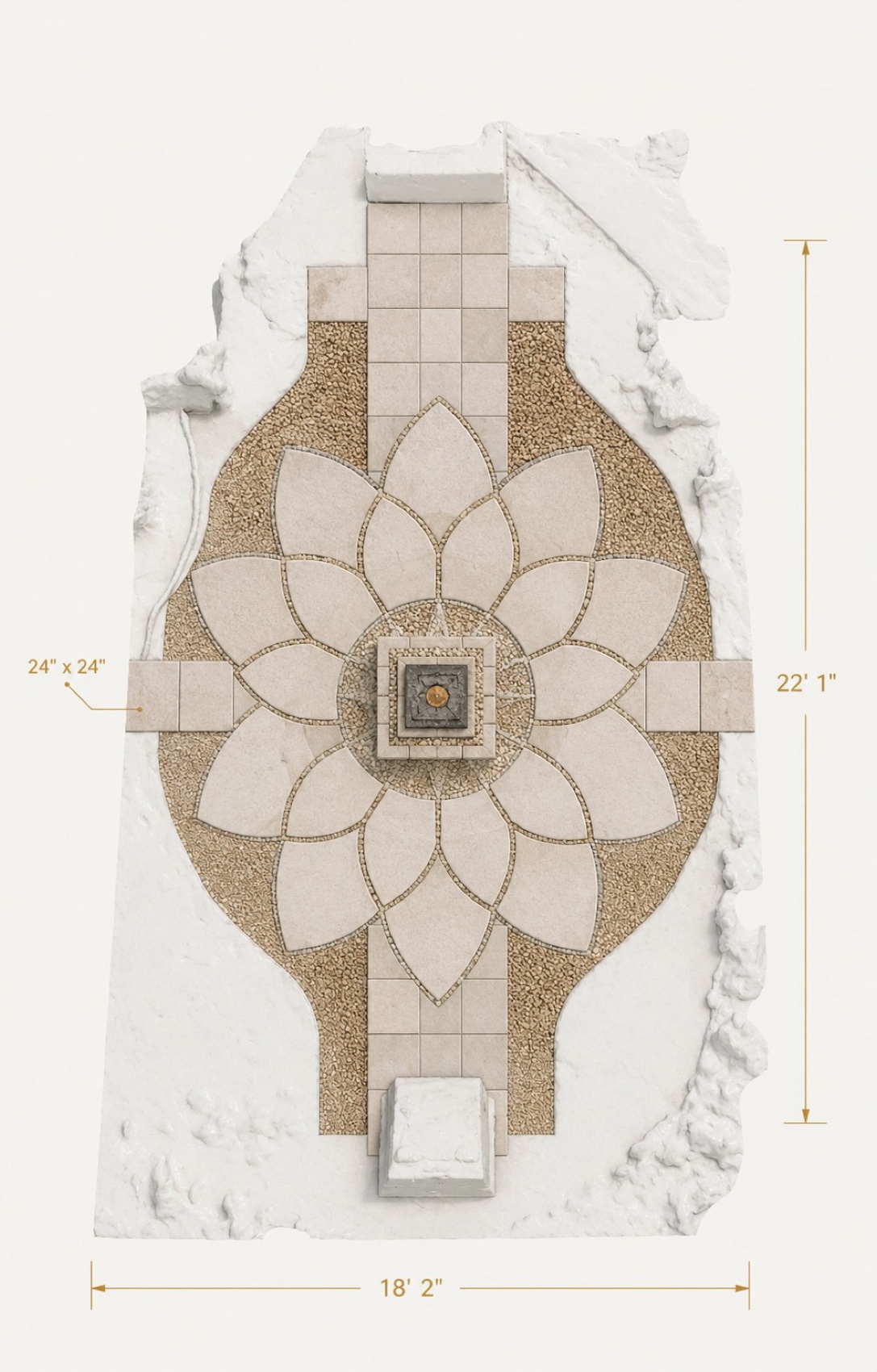 A dimensioned design plate of the Lotus mandala showing the petal geometry and measurements.