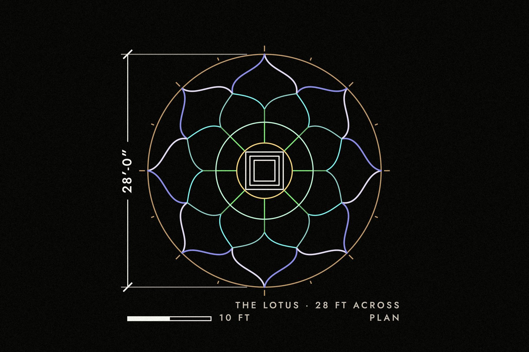 The plan as drawn: eight petals in two rings around the square plinth, the setting-out circle through the petal tips, 28'-0