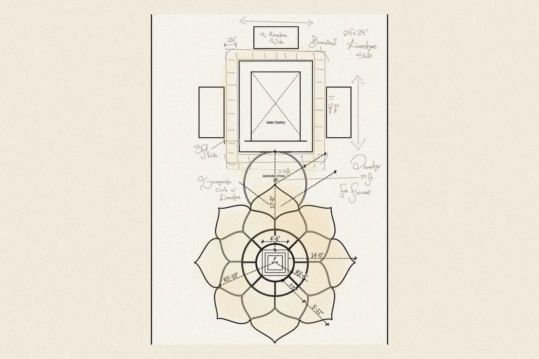 The working site plan: the platform set on the axis of the shrine, with the setting-out dimensions.