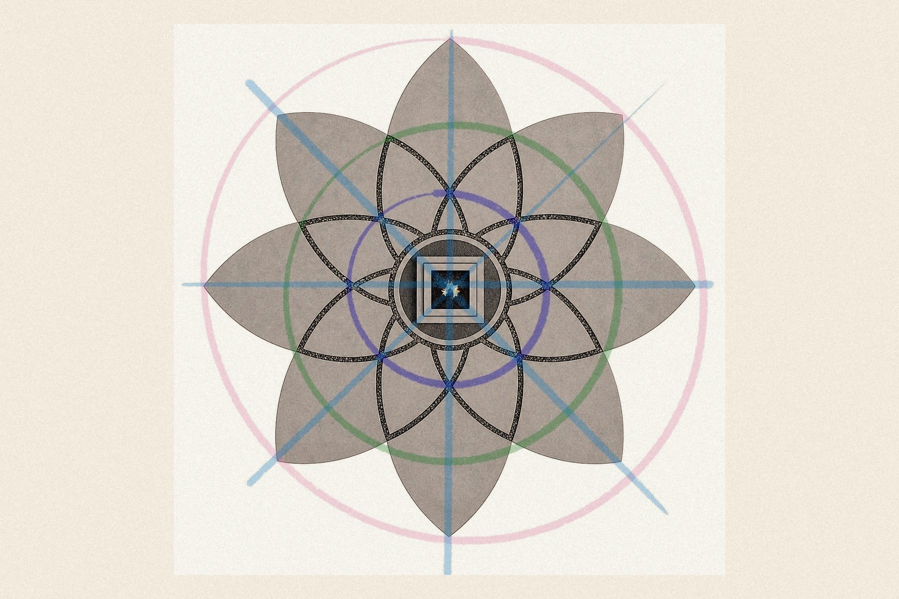 Design geometry: the eight petals set out on concentric circles and eight axes, the fire at the centre.