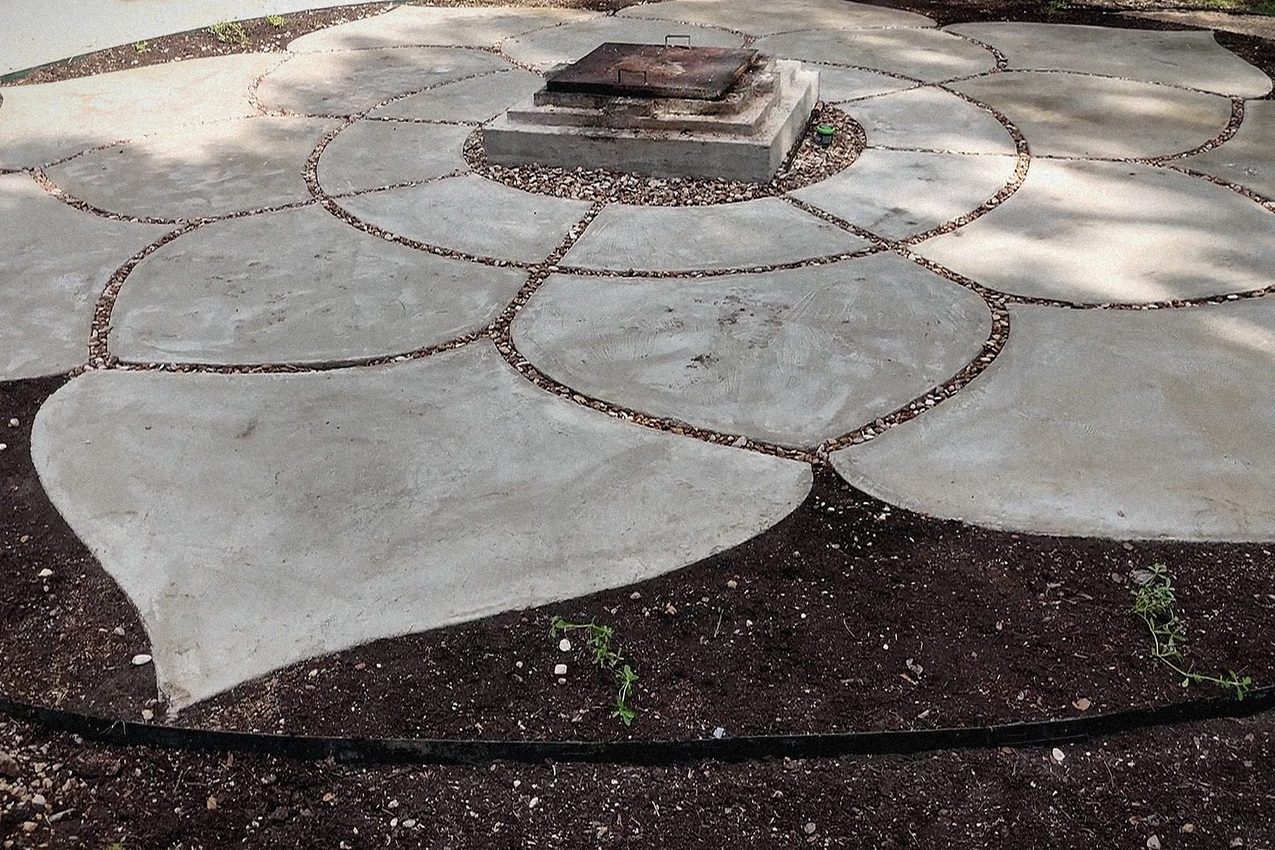 Petal tips at ground level: the cast edge and the pebble joints.